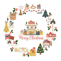 Christmas circular design isolated on white background, in center fireplace with text merry christmas.Fireplace with fire, gifts, garland with socks. Vector illustration for postcard, holiday decor
