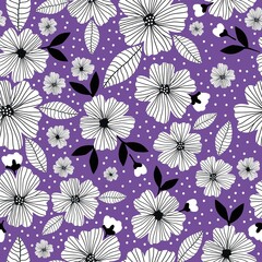 Seamless floral pattern. Fashionable background of white abstract flowers, black leaves. flowers scattered on a lilac background. Stock vector for printing on surfaces and web design.
