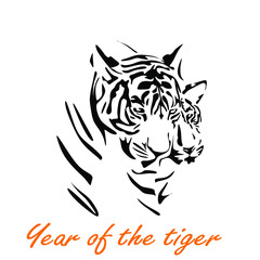continuous drawing with one line of two silhouettes of tigers, symbol of the year 2022