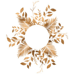 Plant frame. Vector plants and grasses in gold style with gloss effects. Minimalist style of hand drawn plants. With leaves and organic shapes. Space for your own design.