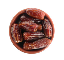 Sweet dried dates in bowl on white background, top view