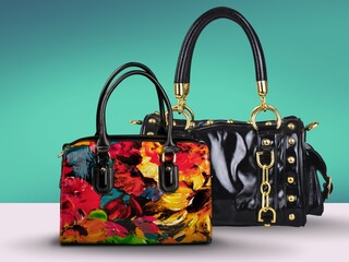 Colourful bags of purses on a coloured background.