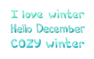 Vector illustration. A set of inscriptions on the winter theme. Text in blue with a shadow on a white background.