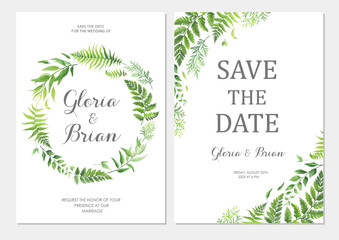 Wedding invitation with green leaves border. Invite card with place for text. Frame with forest herbs. Vector illustration.
