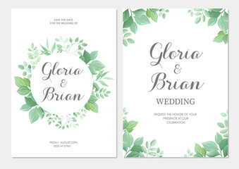 Wedding invitation with green leaves border. Invite card with place for text. Frame with forest herbs. Vector illustration.