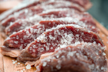 Delicioso churrasquinho brasileiro feito com fatias de picanha e temperado com sal grosso