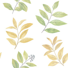 Abstract background from leaves. Mixed media seamless botanical pattern. Watercolor in digital processing. For design, wallpaper, wrapping paper, print, fabric.