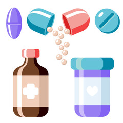 Multicolored pills with small bottles on white background. Vector illustration
