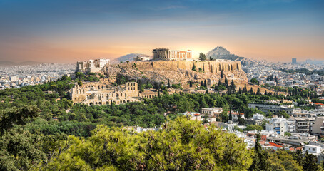 Fototapeta na wymiar Acropolis skyline at sunset in Athens, Greece.