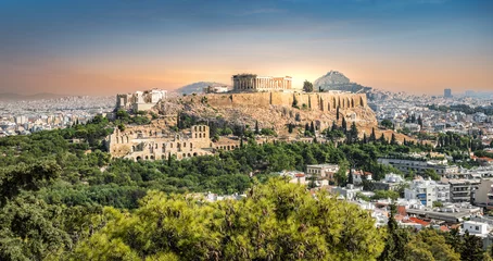 Poster Akropolis skyline bij zonsondergang in Athene, Griekenland. © Nancy Pauwels