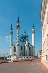 Majestic white stone minarets of the Kul Sharif mosque in Kazan, Tatarstan, Russia