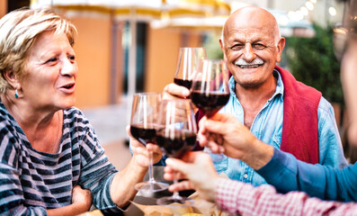 Happy senior couple having fun drinking red wine with friends at dinner party - Retired people...