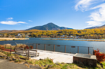 白樺湖の紅葉と蓼科山