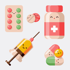 Cute cartoon pills and medicines with a smile. Vector illustration.