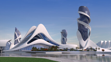 Futuristic architecture on a city skyline - 466548891