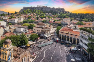 Poster Athens, Greece cityscape with Monastiraki square and Acropolis at sunset. © Nancy Pauwels