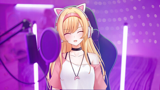 Cute 2D anime girl vtuber on gaming chair interact with stream viewers from pink bedroom with neon lights