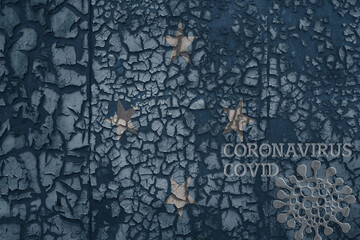 flag of Federated States of Micronesia on a old metal rusty cracked wall with text coronavirus, covid, and virus picture.