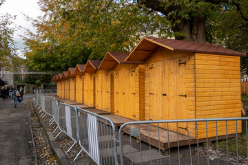 Winchester, Hampshire, England, UK. 2021.  Wooden chalets with double doors which will be used by...