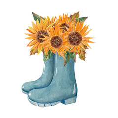 Blue rainboots with bouquet of sunflowers. Watercolor illustration for autumn design, thanksgiving invitations, spring postcards, posters, gardener footwear. Fall floral, leaves.Greeting card template