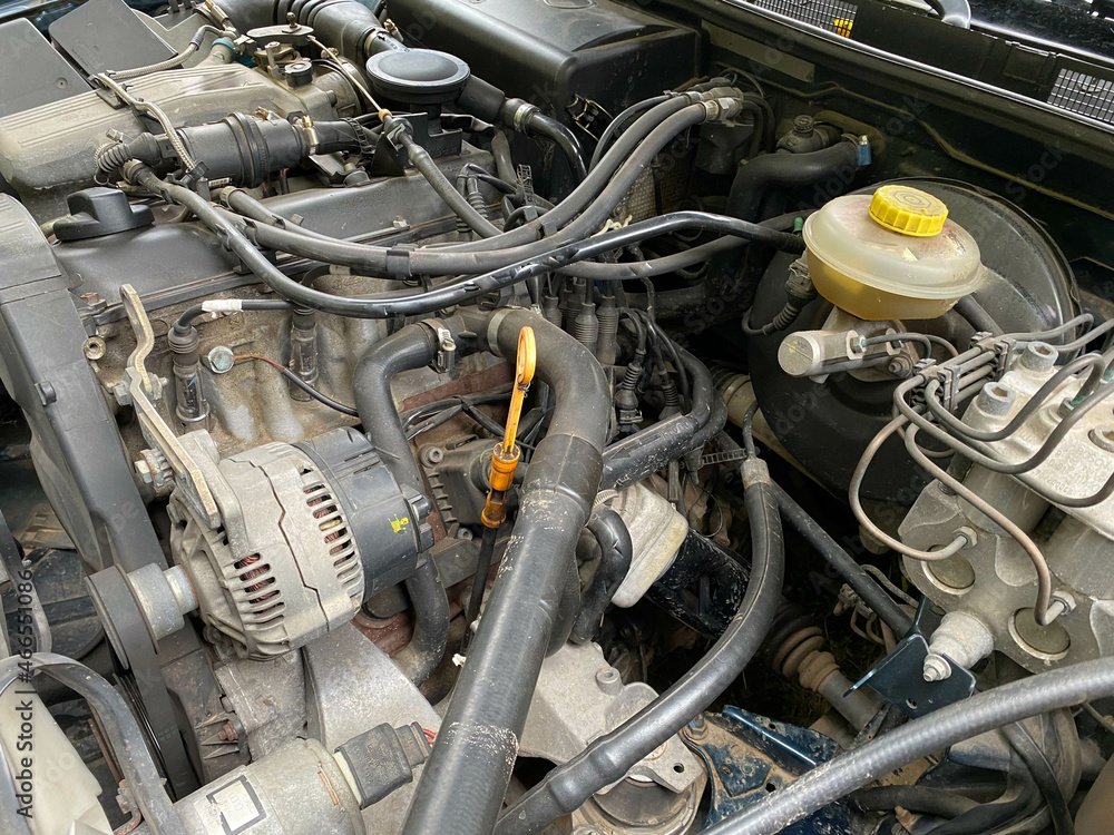 Poster car crash open hood car mechanic to check condition of damage. see the radiator cooling panel engine