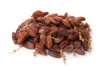 Sweet dates on branches against white background. Dried fruit as healthy snack