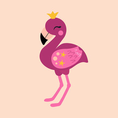 Cute pink flamingo with golden crown and stars