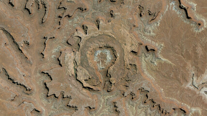 Upheaval Dome impact crater looking down aerial view from above, bird’s eye view Upheaval Dome...