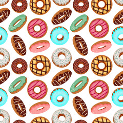 Seamless donut pattern. White background. Suitable for textiles, fabric, packaging, paper.