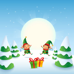 Happy and cute Elves girl and boy celebrate winter holidays - winter landscape