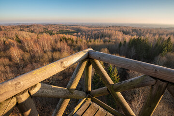 Fototapeta premium view from wooden watchtower over the forest in autumn