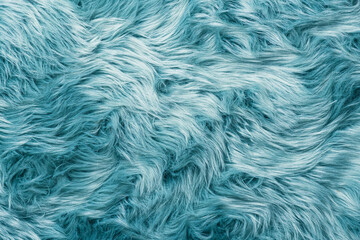 Fur texture top view. Turquoise fur background. Fur pattern. Texture of turquoise shaggy fur. Wool...