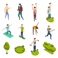 Sports people isometric. People in park, sport activity and leisure games, vector isometric isolated set. Exercise male athlete outdoor. Creative people and park element collection