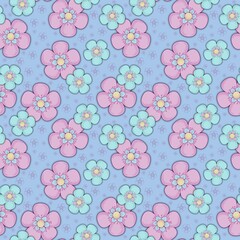 Pink and delicate blue decorative cherry blossoms, apple trees, on a blue background, banner with floral elements, seamless pattern