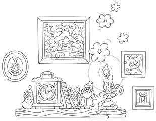 Obraz premium Wooden mantelpiece with an old clock, books, winter pictures and a burning wax candle, black and white outline vector cartoon illustration for a coloring book page