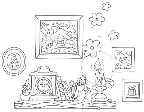 Wooden mantelpiece with an old clock, books, winter pictures and a burning wax candle, black and white outline vector cartoon illustration for a coloring book page