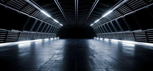 Futuristisches Hangar-Lagerhaus Riesiger Raumschiff-Tunnelkorridor Zement Rauer Asphalt Metallstrukturen Weiß leuchtende LED-Leuchten Realistischer dunkler Cyber-Showroom 3D-Rendering