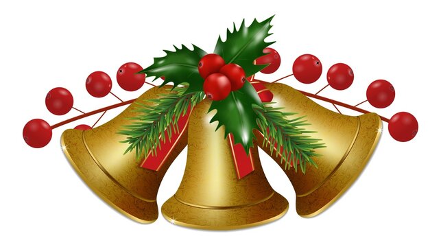 Three golden Christmas bells with holly berries on a white background. Happy New Year decoration. Vector