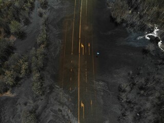 road markings on a flooded road during a spring flood from a bird's-eye view ===