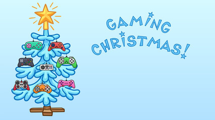 The Christmas tree is decorated with colorful gamepads.