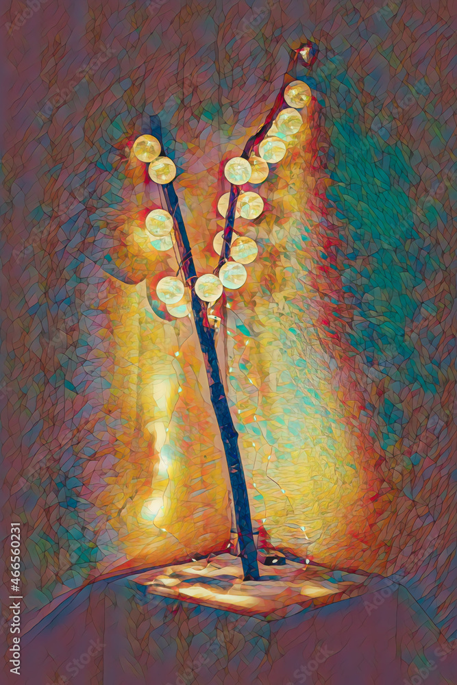 Aufkleber lamp with balls on woden stand and mosaic structure.