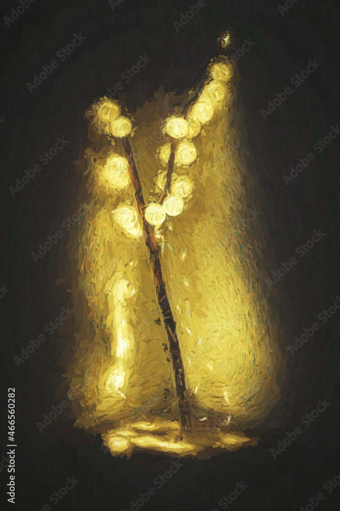 Aufkleber lamp with balls on woden stand and mosaic structure.