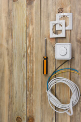 professional repairing implements for decorating and building renovation set on the wooden...