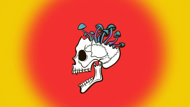 rainbow skull with growing mushrooms, psy art