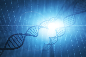 Dna chains illustration on shining blue cyberspace science illustration background.