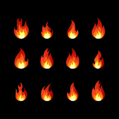 Emoji fire vector symbol. Set of fire logos on a black background. Vector illustration