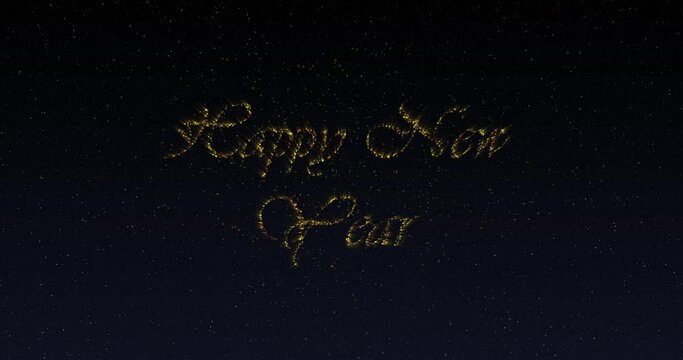 Animation of happy new year greetings in shimmering gold letters and fireworks