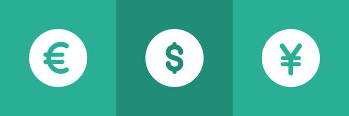 Set of 3 currency symbols on green background. Euro , Dollar and Yen icons.