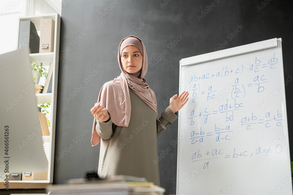 Poster young serious teacher of algebra in hijab standing by whiteboard in front of computer while explaini