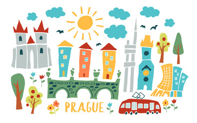 Fototapeta na wymiar Prague doodle illustration. Prague, Czech doodle drawing. Modern style Prague city illustration. Hand sketched poster, banner, postcard, card template for travel company, T-shirt, shirt. Vector EPS 10